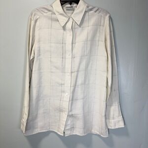 Villager Sport Liz Claiborne Linen Cotton Grid Button Down Shirt Cream Medium